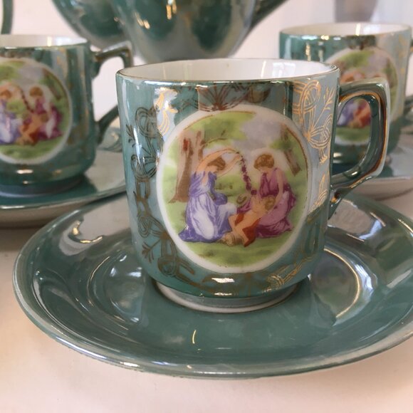 Vintage Victorian Couple Iridescent Porcelain Tea Set Luster Japan Blue Teapot - Picture 5 of 16